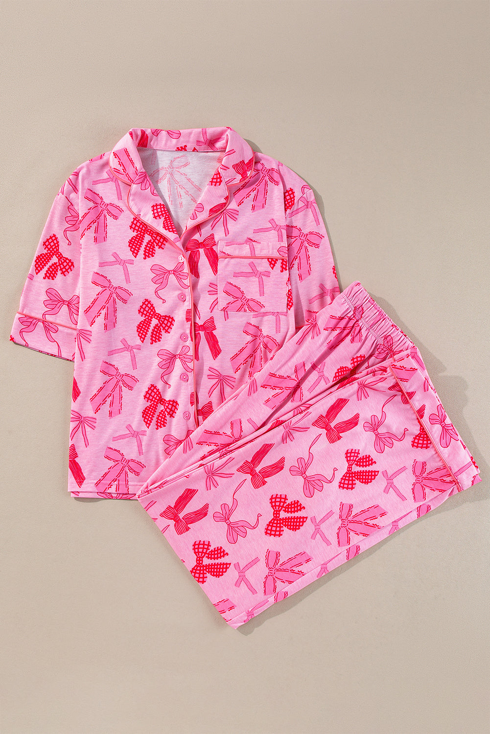 Bow Print Lapel Collar Shirt & Pants Pajama Set – Pink