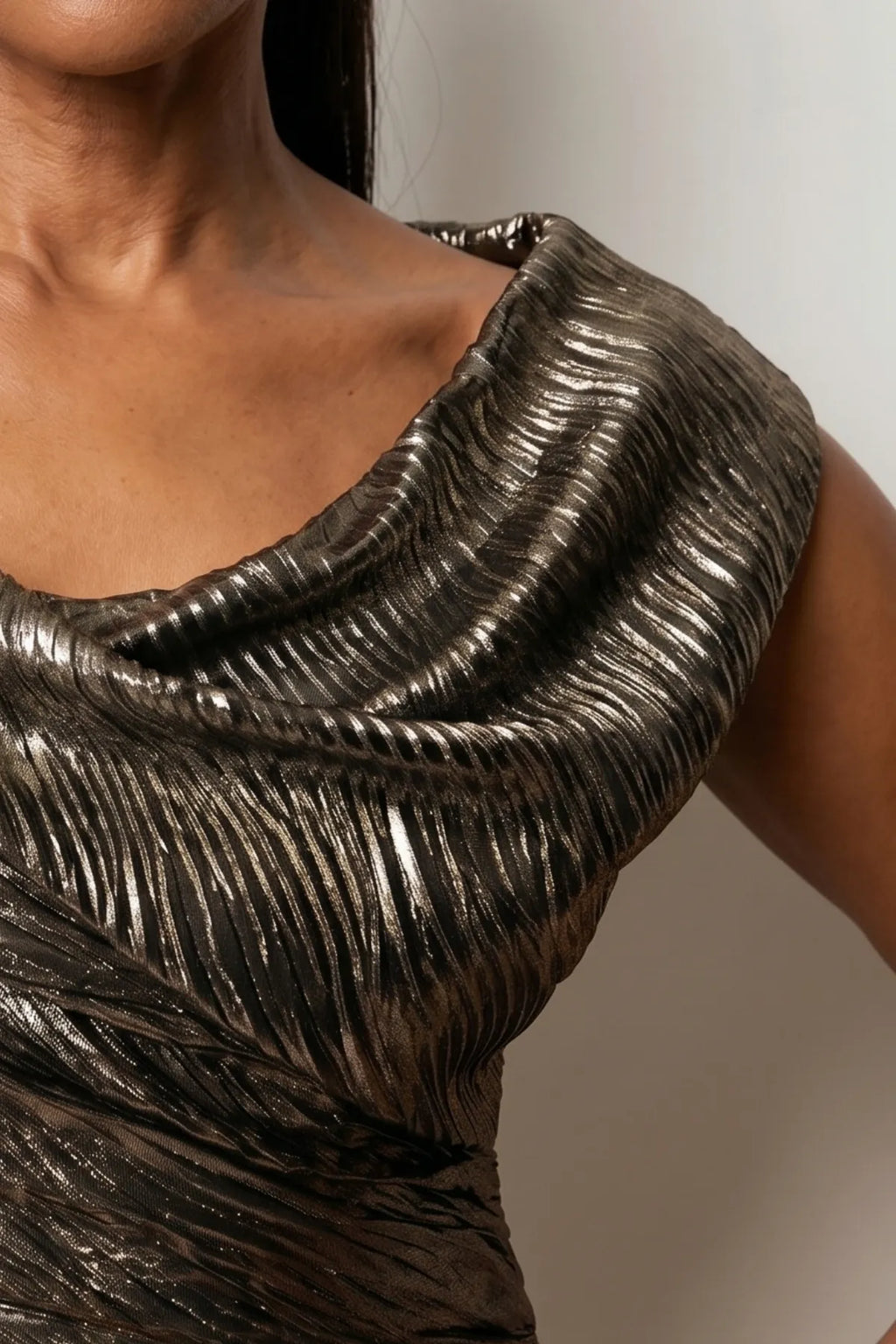 Laura Ruched Metallic Mini Dress – Bronze