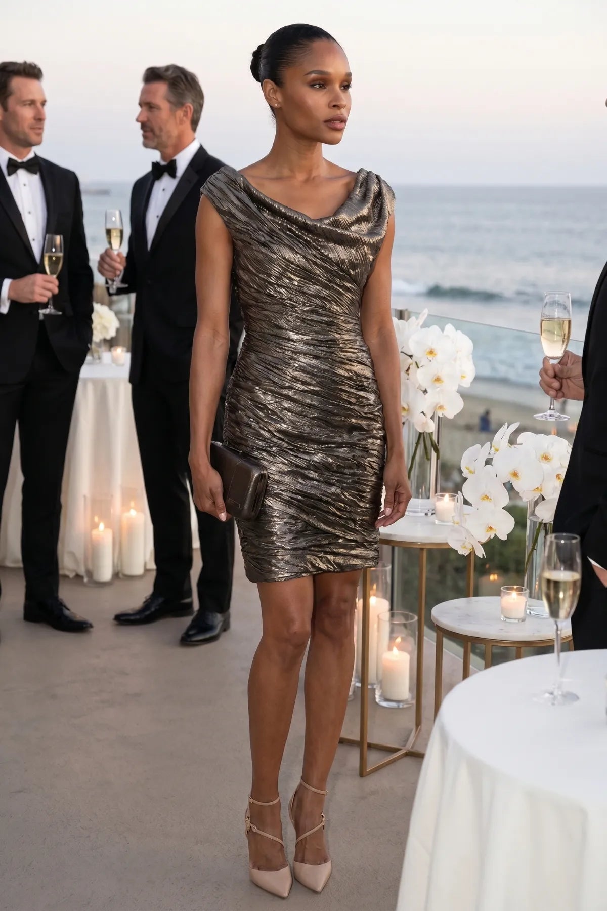 Laura Ruched Metallic Mini Dress – Bronze