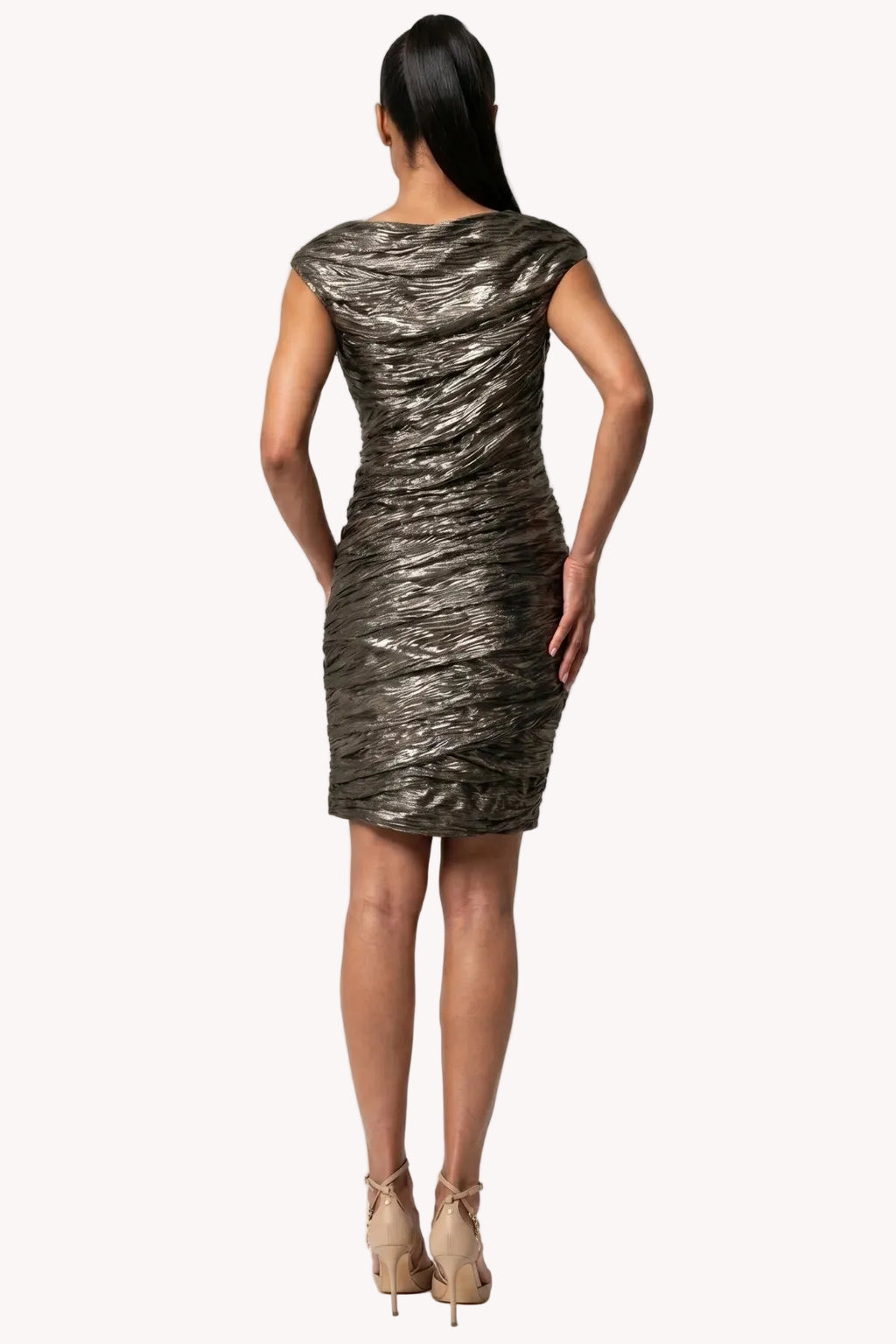 Laura Ruched Metallic Mini Dress – Bronze