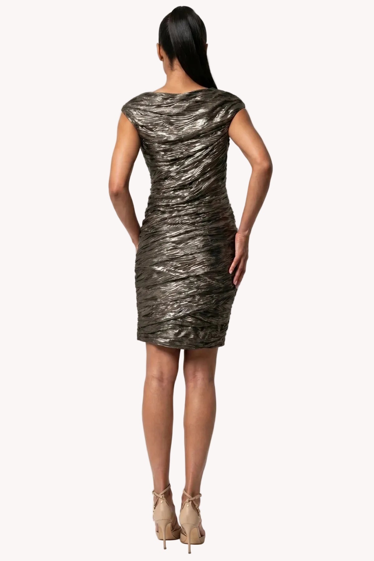 Laura Ruched Metallic Mini Dress – Bronze