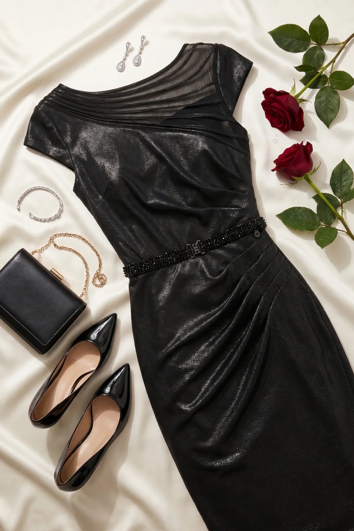 Morgan Mesh-Neck Pencil Dress – Black