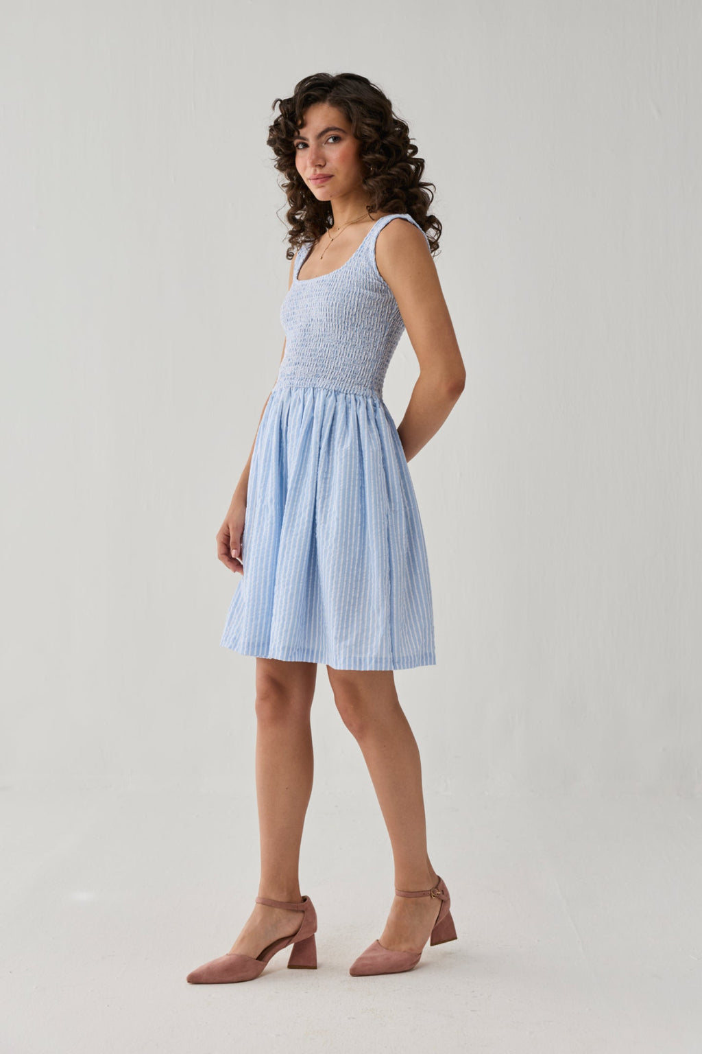 Smocked Fit & Flare Dress – Blue Stripes