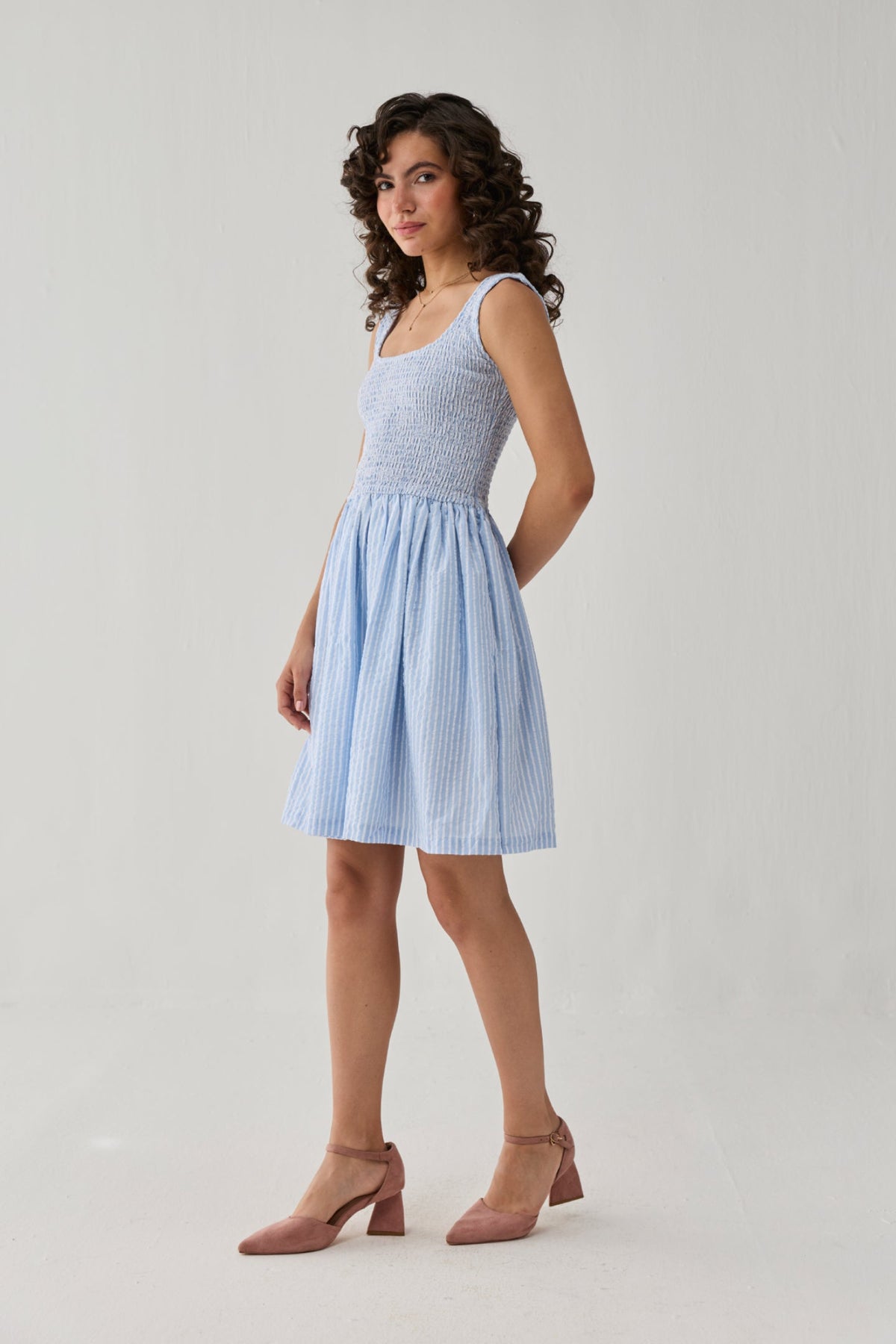 Smocked Fit & Flare Dress – Blue Stripes