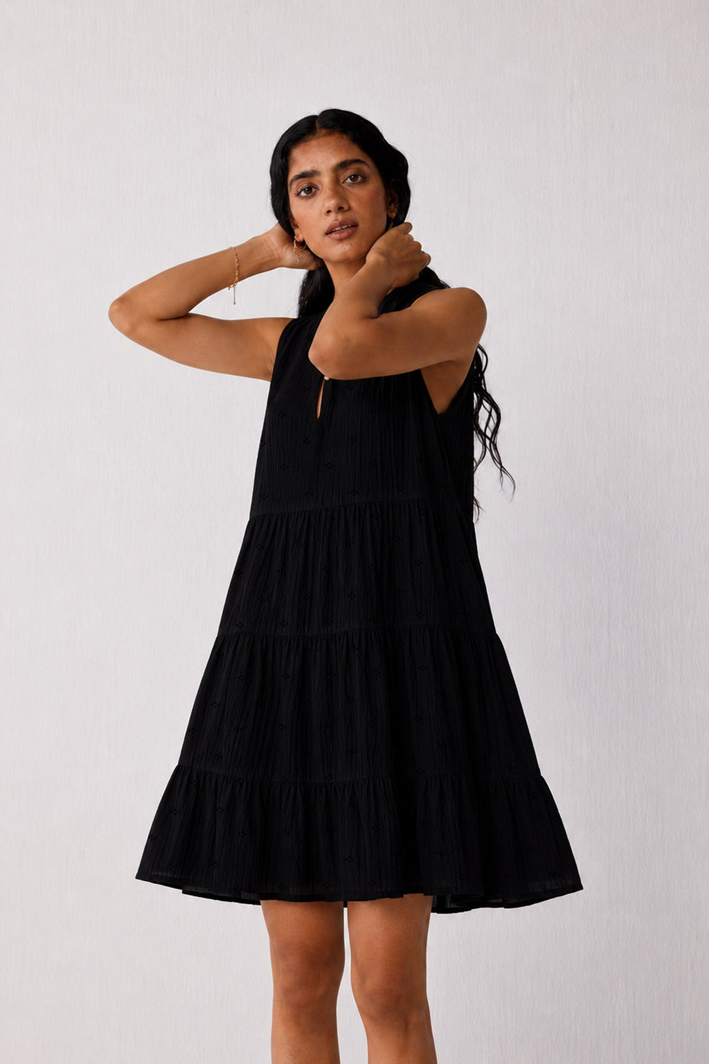 Embroidered Sleeveless Tiered Dress – Black