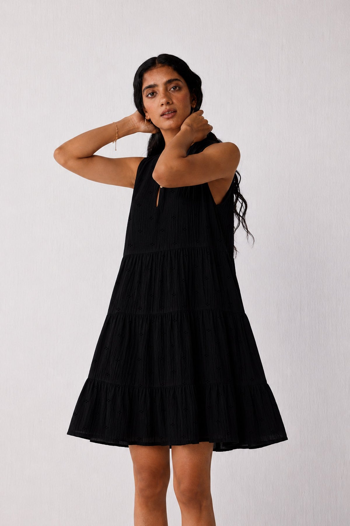Embroidered Sleeveless Tiered Dress – Black