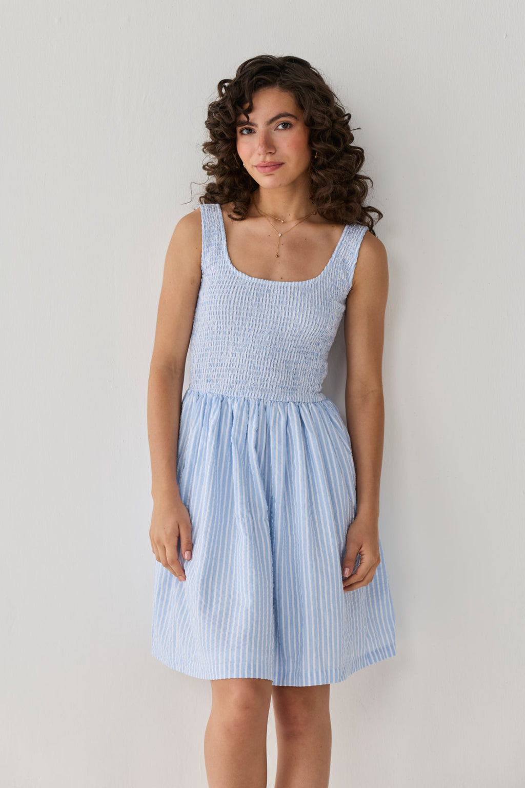 Smocked Fit & Flare Dress – Blue Stripes