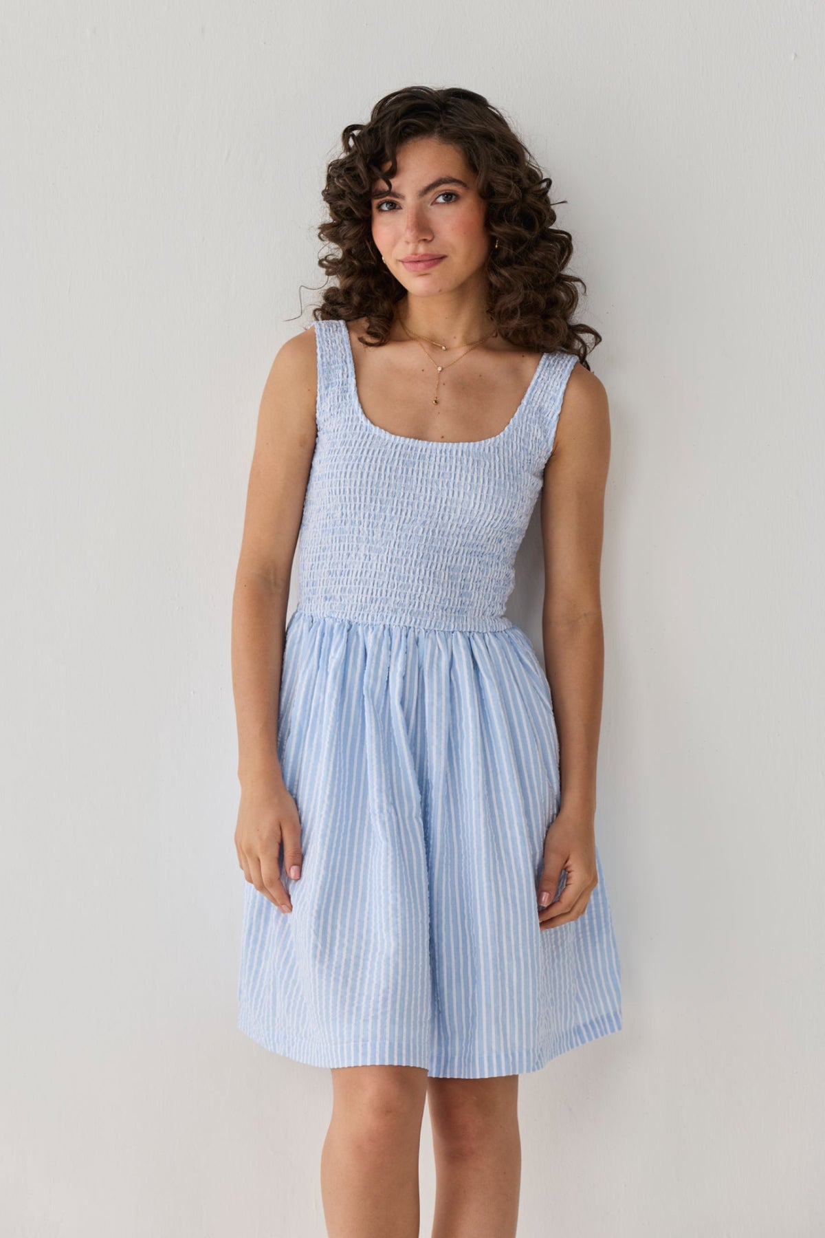 Smocked Fit & Flare Dress – Blue Stripes
