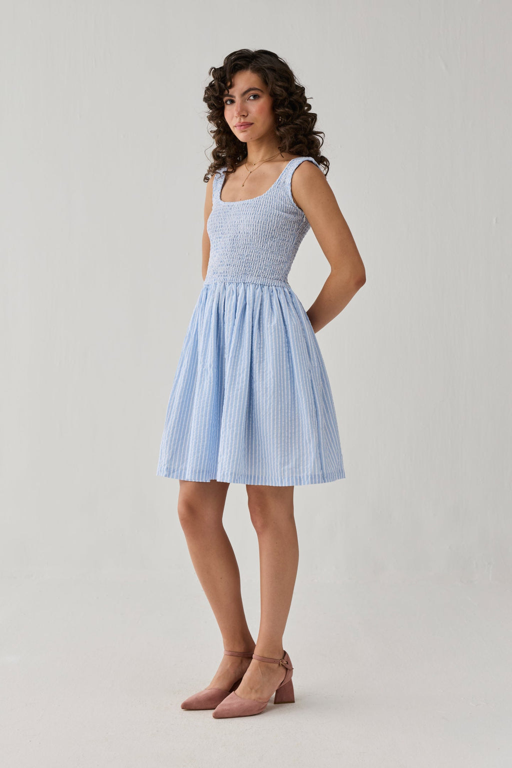 Smocked Fit & Flare Dress – Blue Stripes