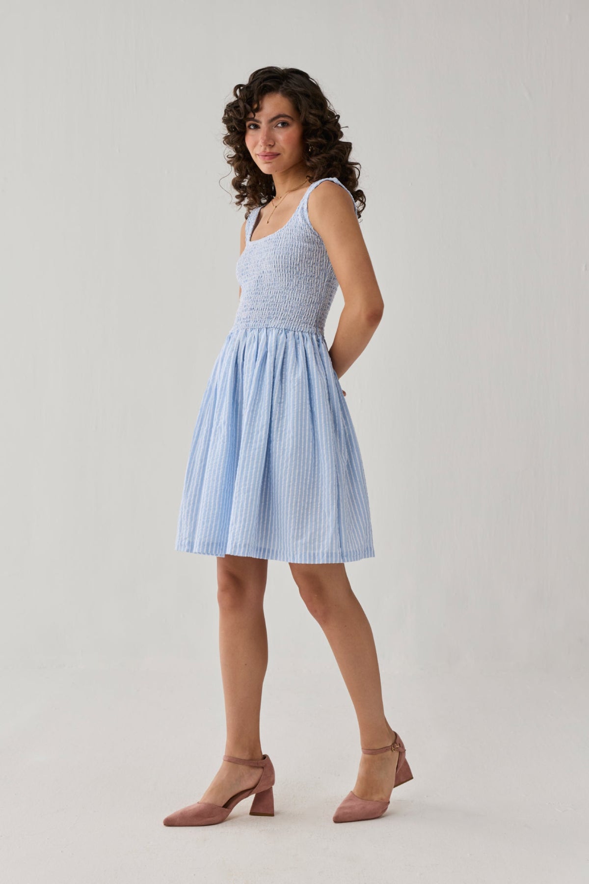 Smocked Fit & Flare Dress – Blue Stripes
