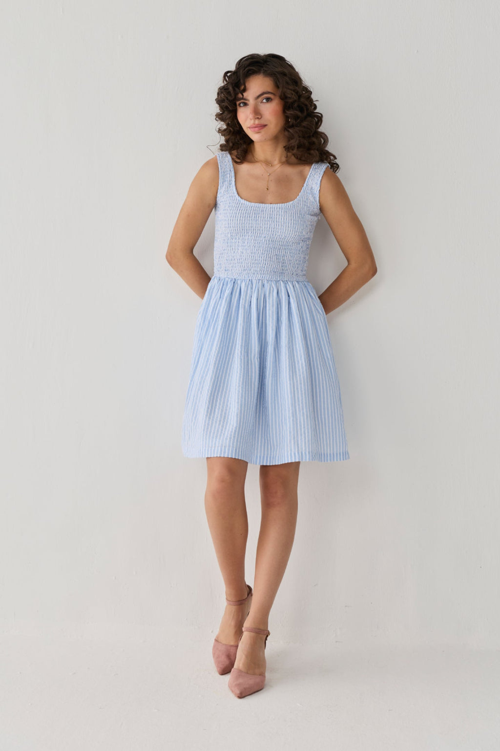 Smocked Fit & Flare Dress – Blue Stripes