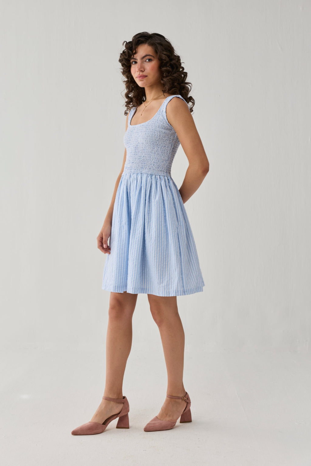 Smocked Fit & Flare Dress – Blue Stripes