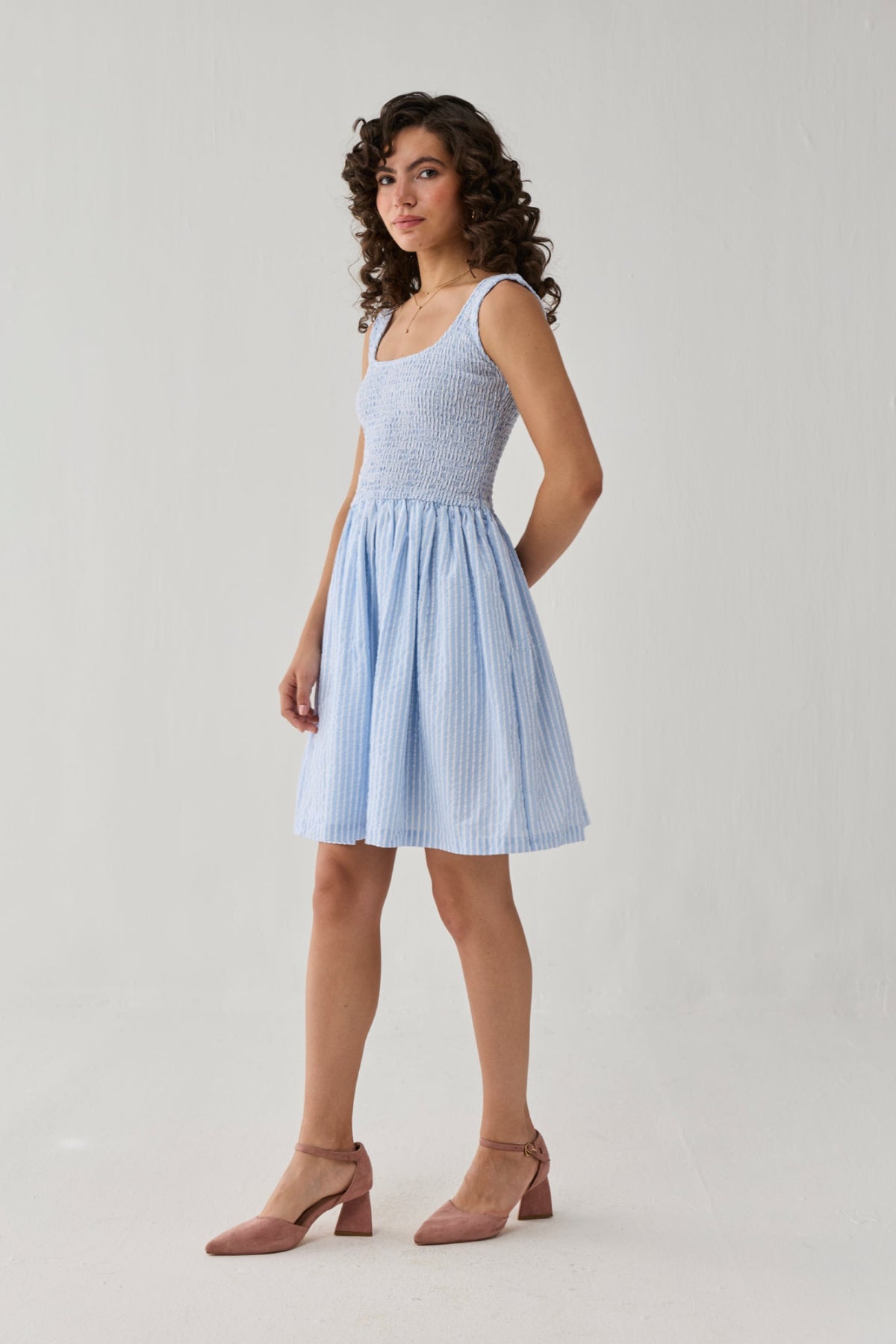 Smocked Fit & Flare Dress – Blue Stripes