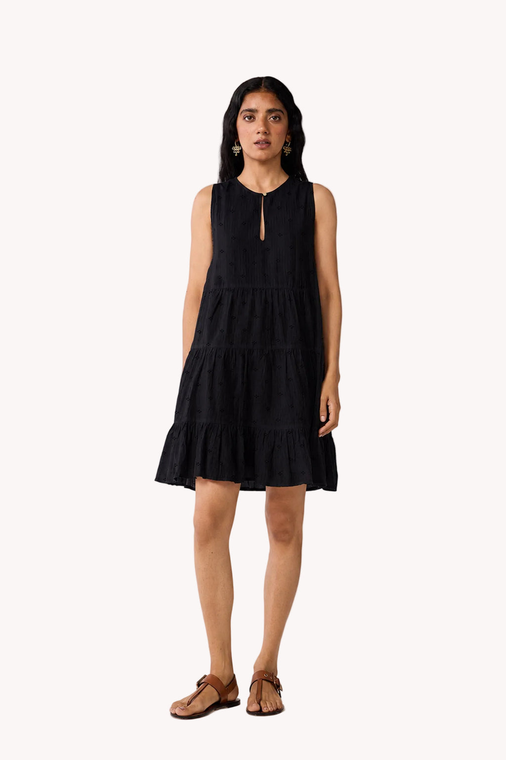 Embroidered Sleeveless Tiered Dress – Black