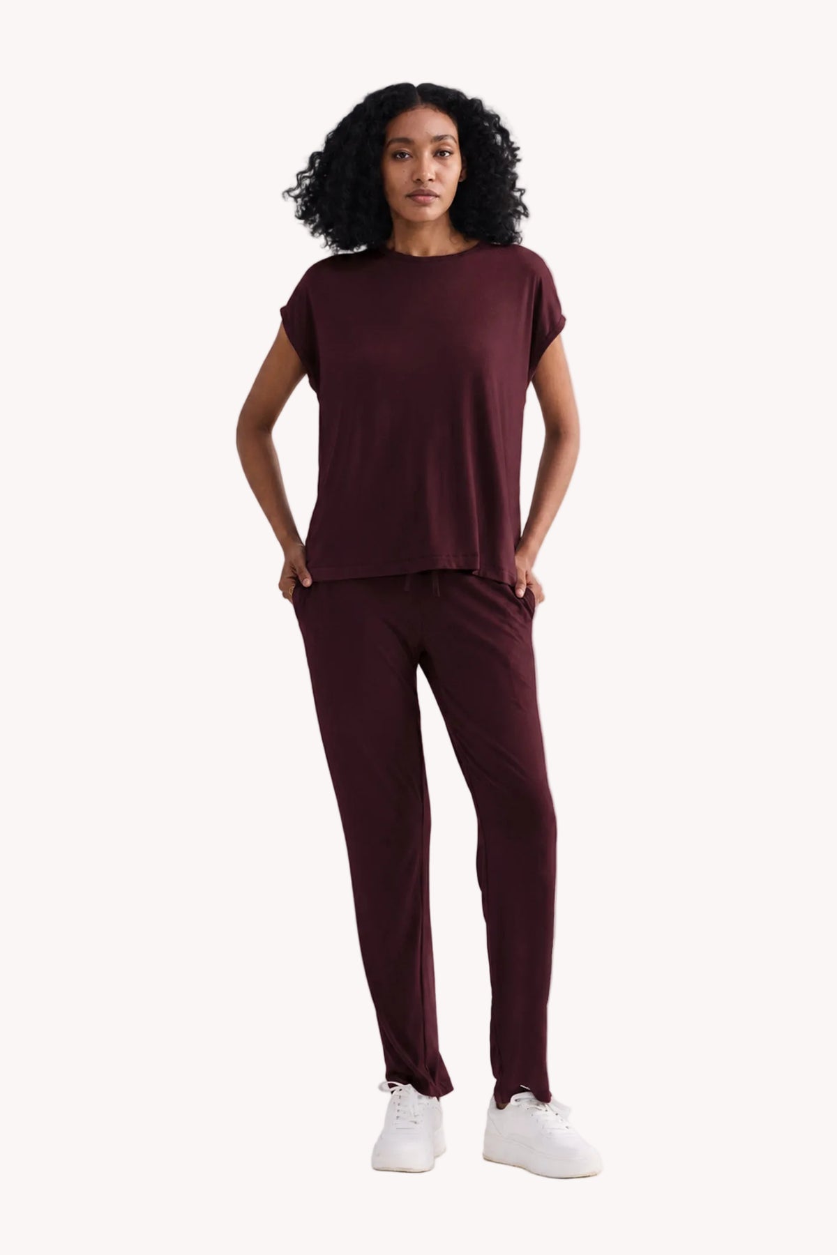 Relaxed Modal Tee & Wide-Leg Pants Set – Merlot
