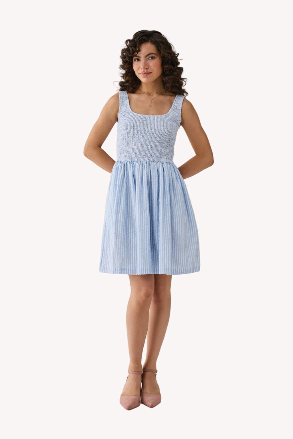 Smocked Fit & Flare Dress – Blue Stripes