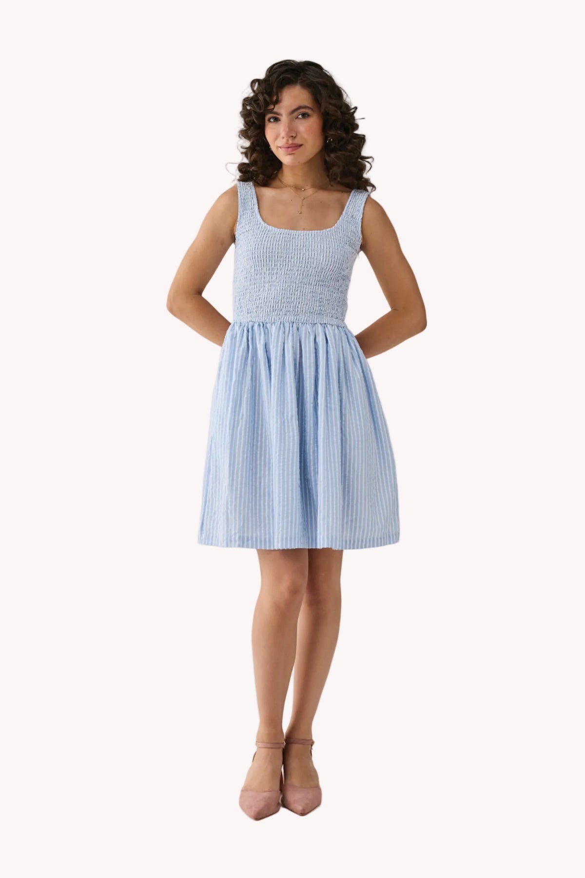 Smocked Fit & Flare Dress – Blue Stripes