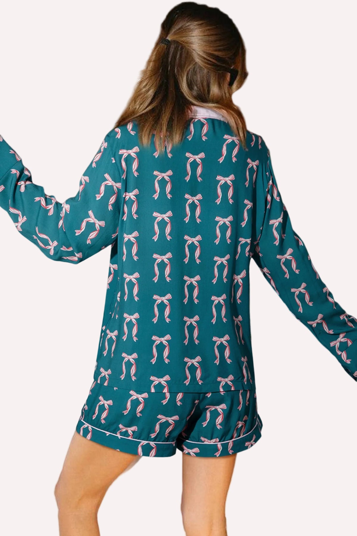 Bow Print Long Sleeve Shirt & Shorts Pajama Set – Green