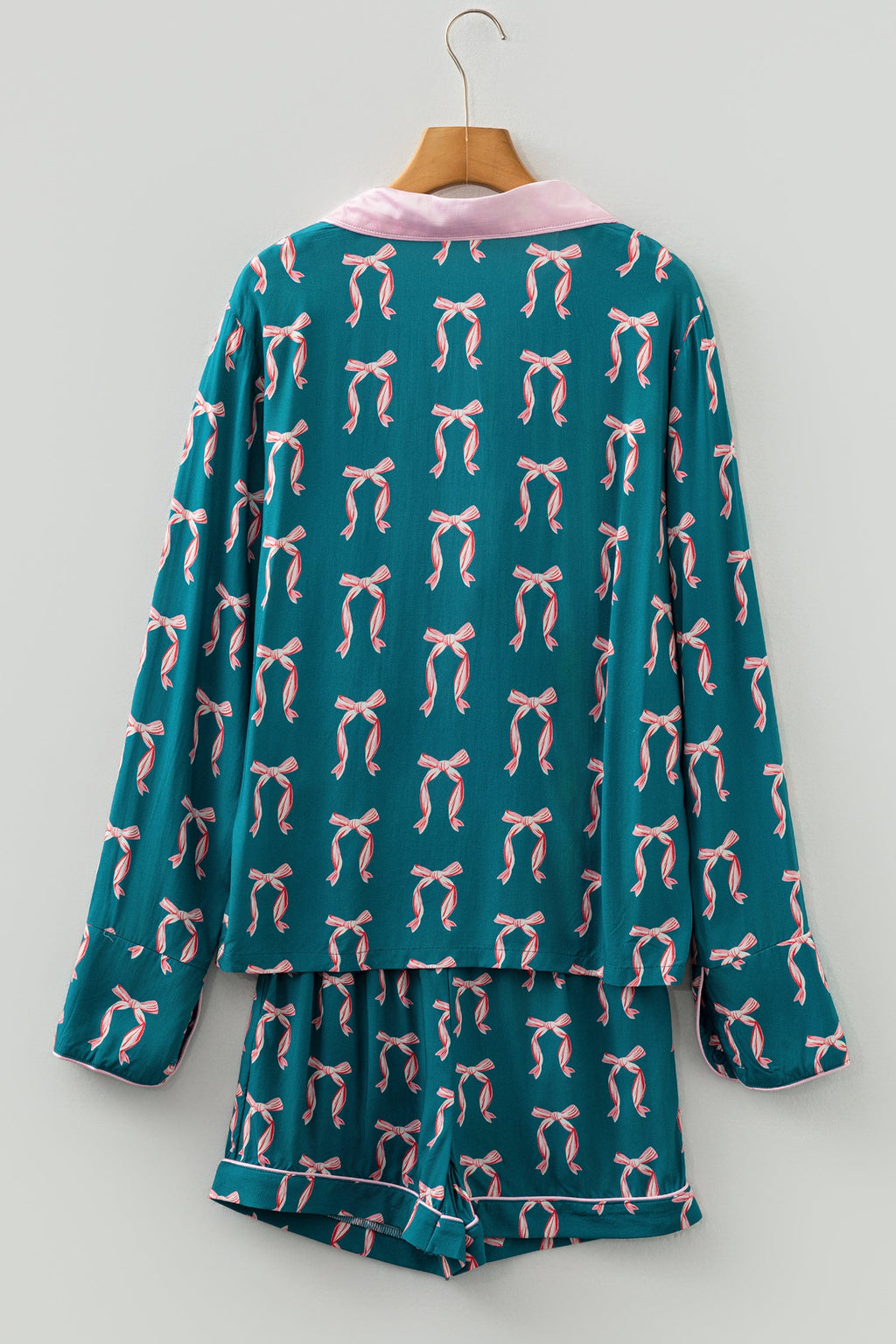 Bow Print Long Sleeve Shirt & Shorts Pajama Set – Green
