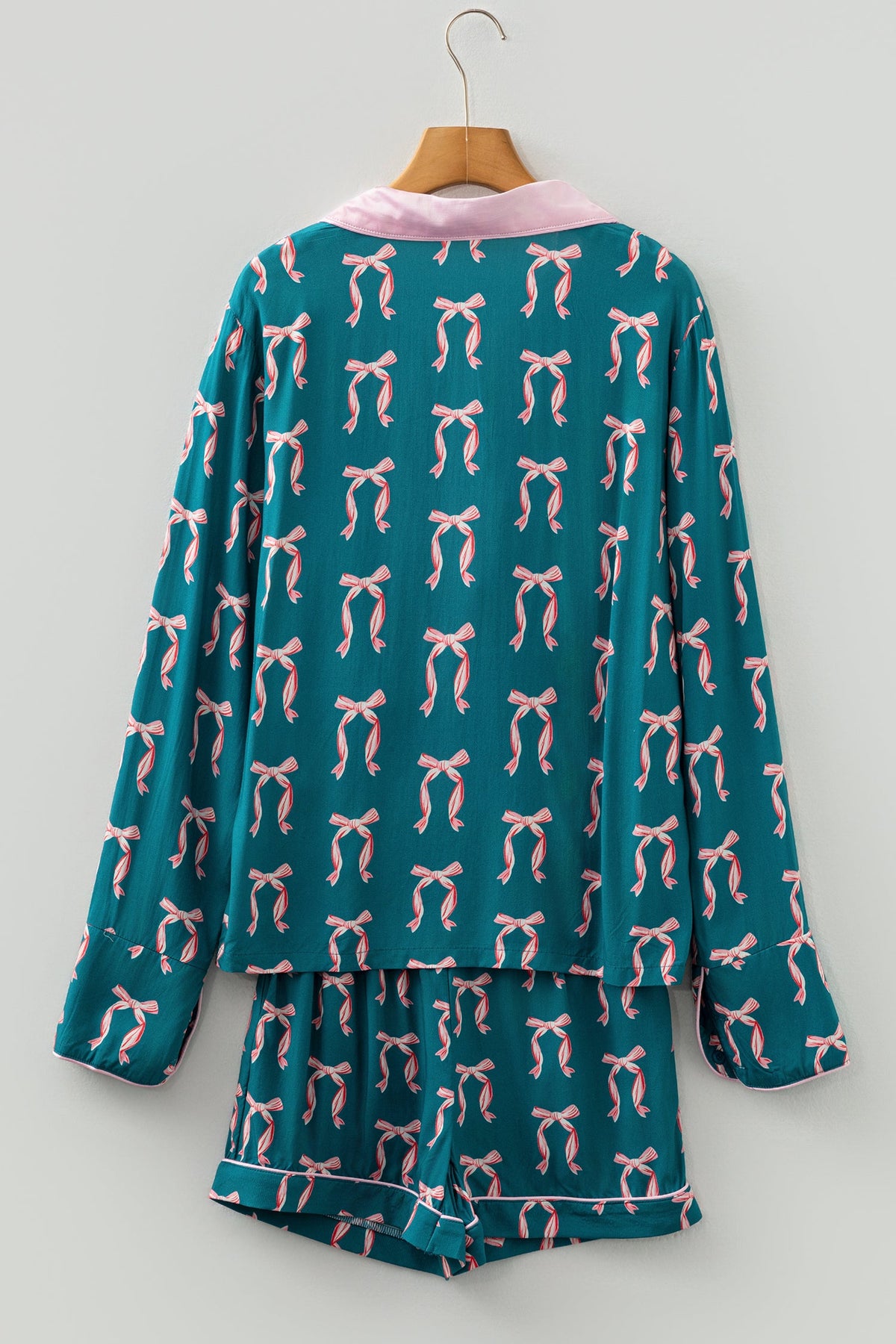 Bow Print Long Sleeve Shirt & Shorts Pajama Set – Green