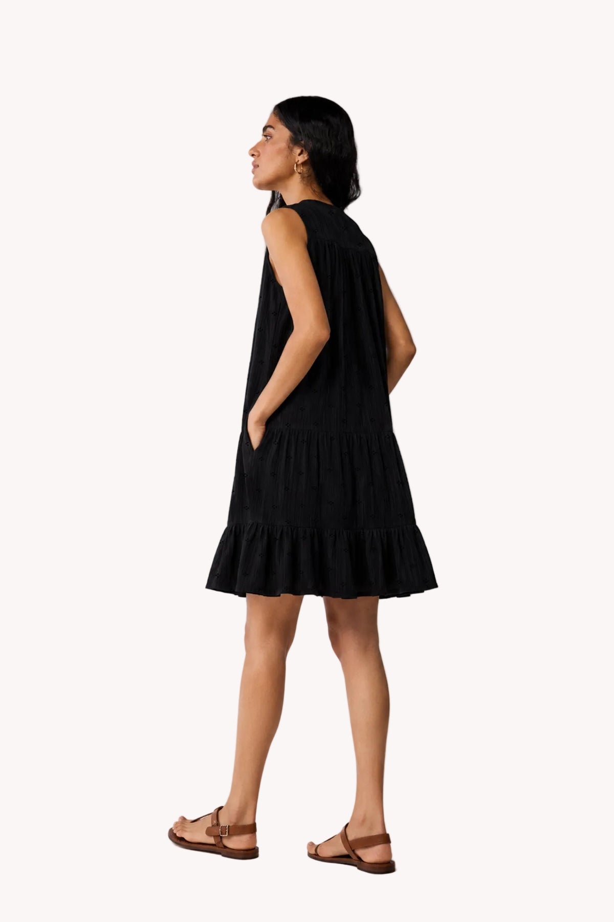 Embroidered Sleeveless Tiered Dress – Black