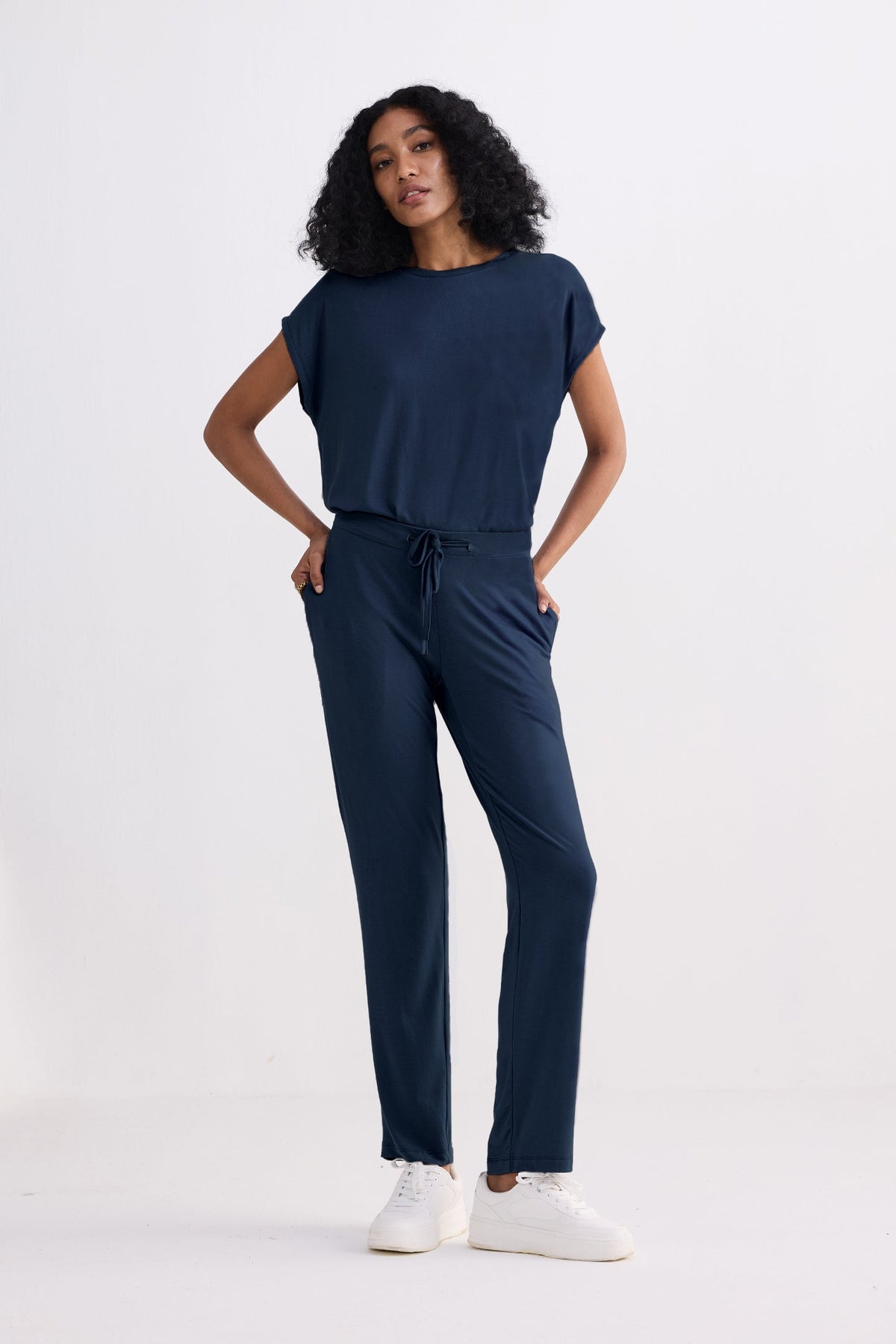 Relaxed Modal Tee & Wide-Leg Pants Set – Navy