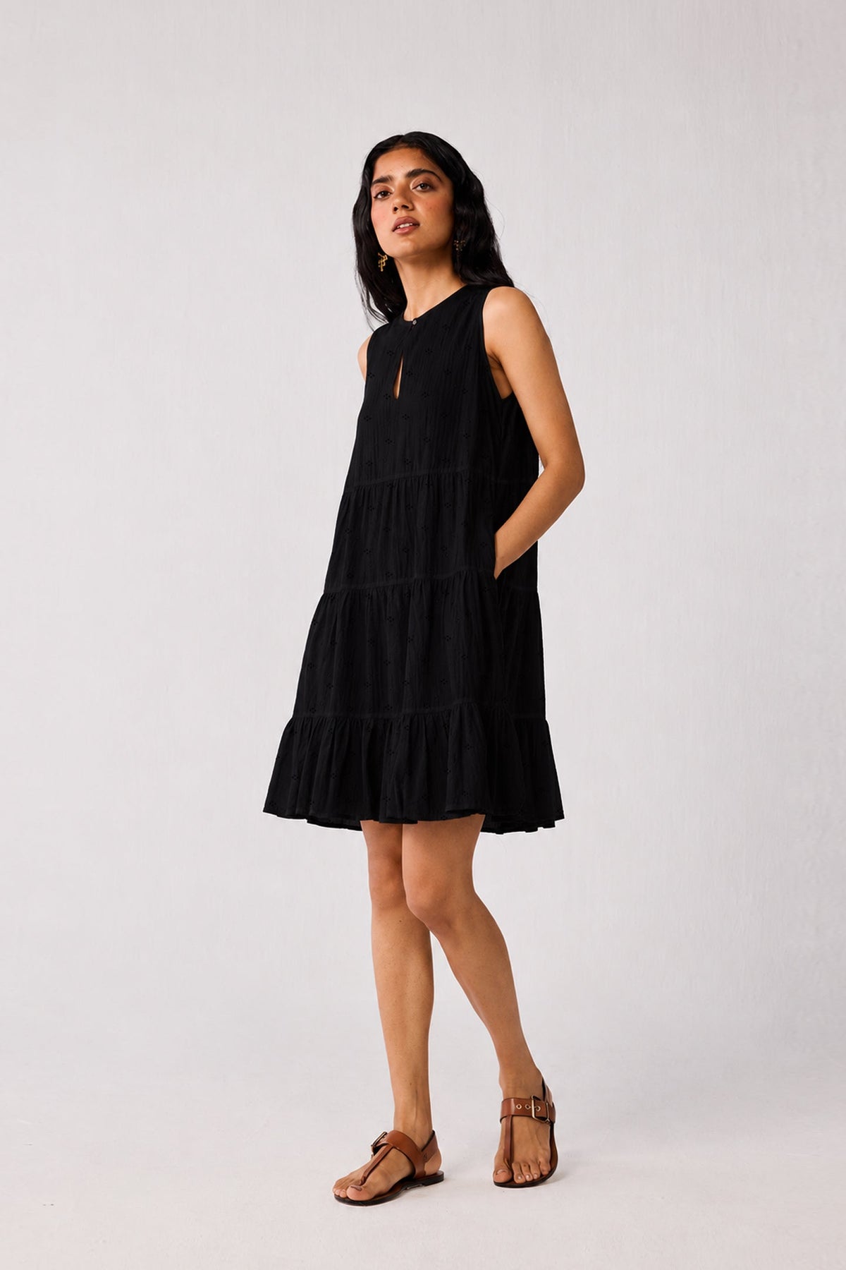 Embroidered Sleeveless Tiered Dress – Black