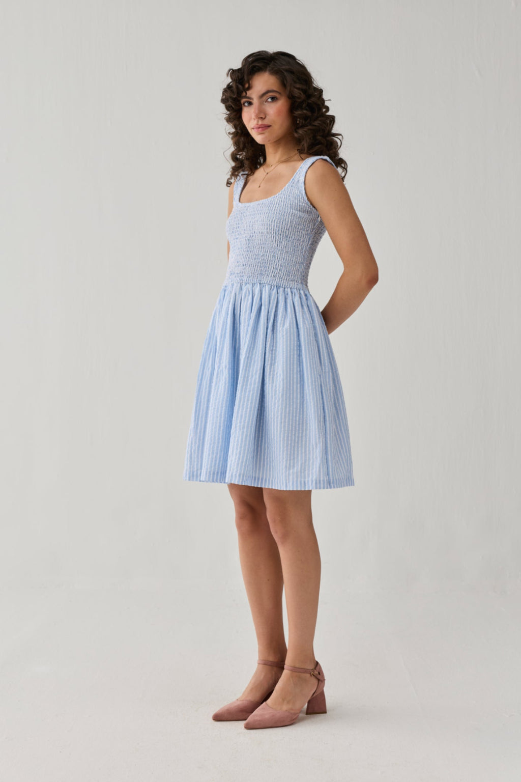 Smocked Fit & Flare Dress – Blue Stripes