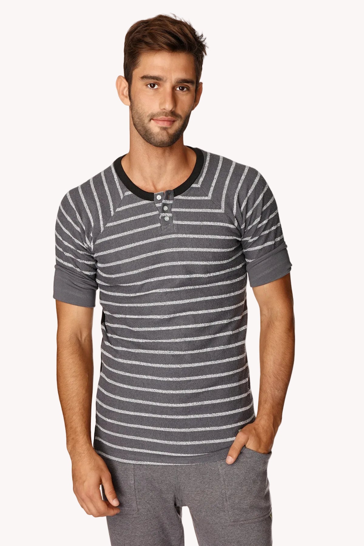 Vintage-Stripe Henley Tee – Charcoal with Stripe