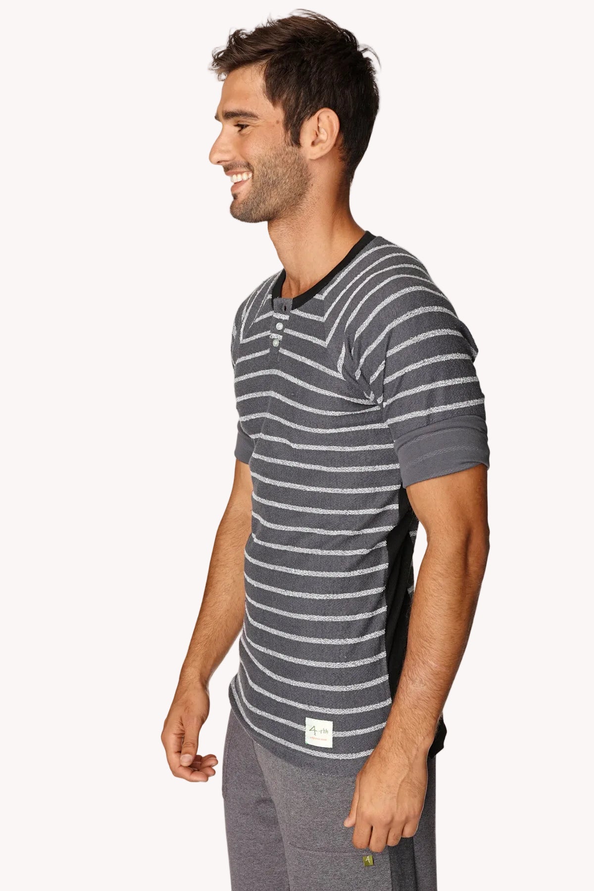 Vintage-Stripe Henley Tee – Charcoal with Stripe