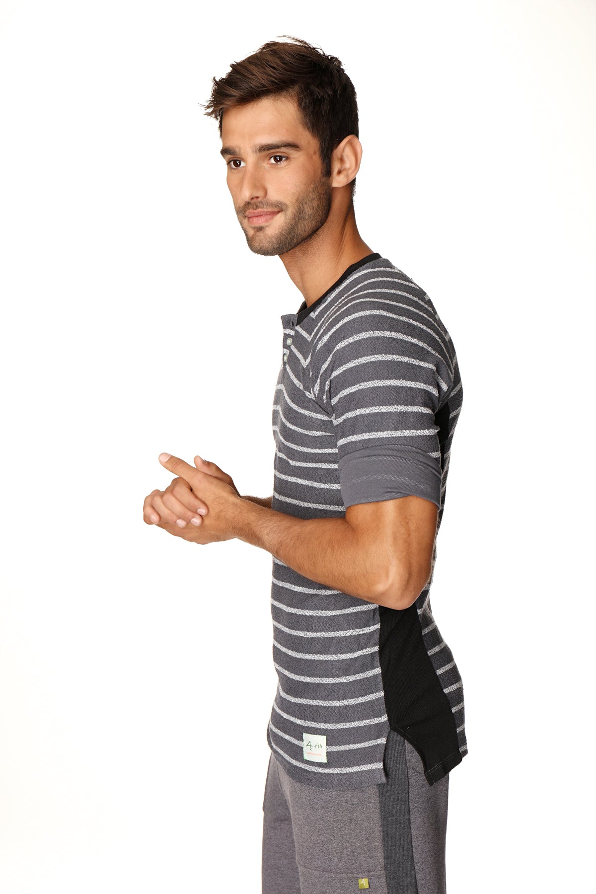 Vintage-Stripe Henley Tee – Charcoal with Stripe