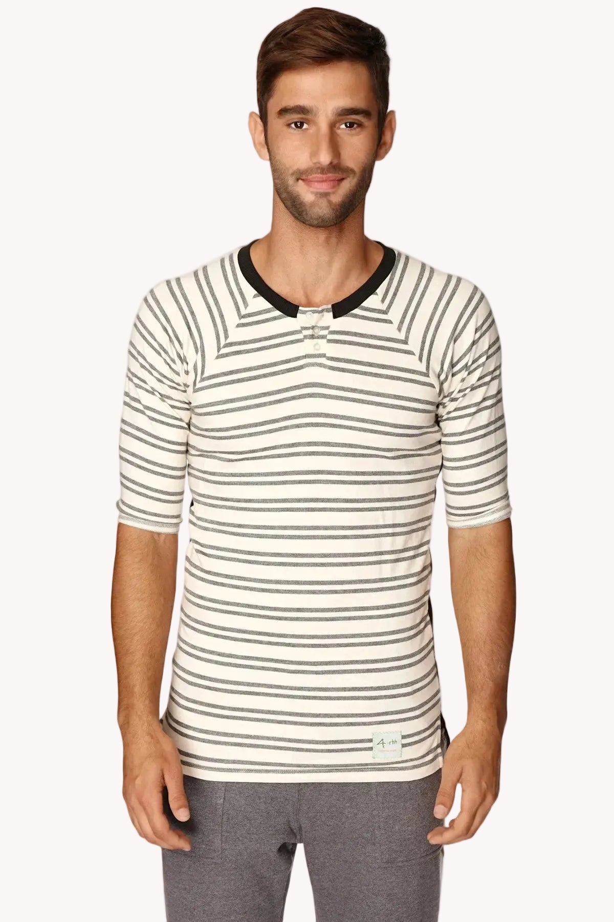 Vintage-Stripe Henley Tee – Dark Grey Double Stripe
