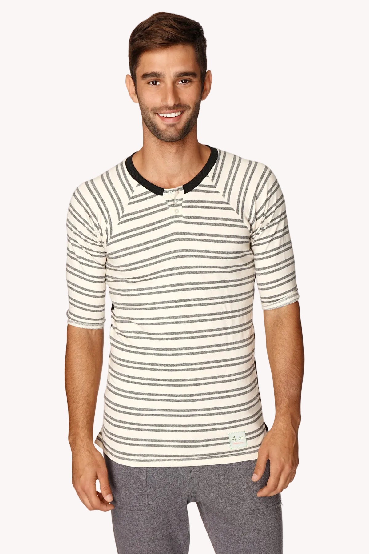 Vintage-Stripe Henley Tee – Dark Grey Double Stripe