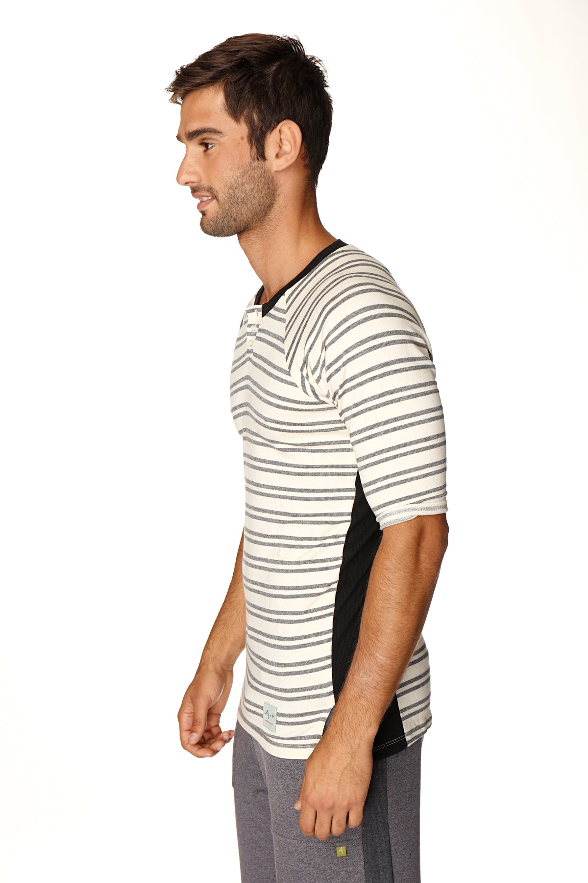 Vintage-Stripe Henley Tee – Dark Grey Double Stripe