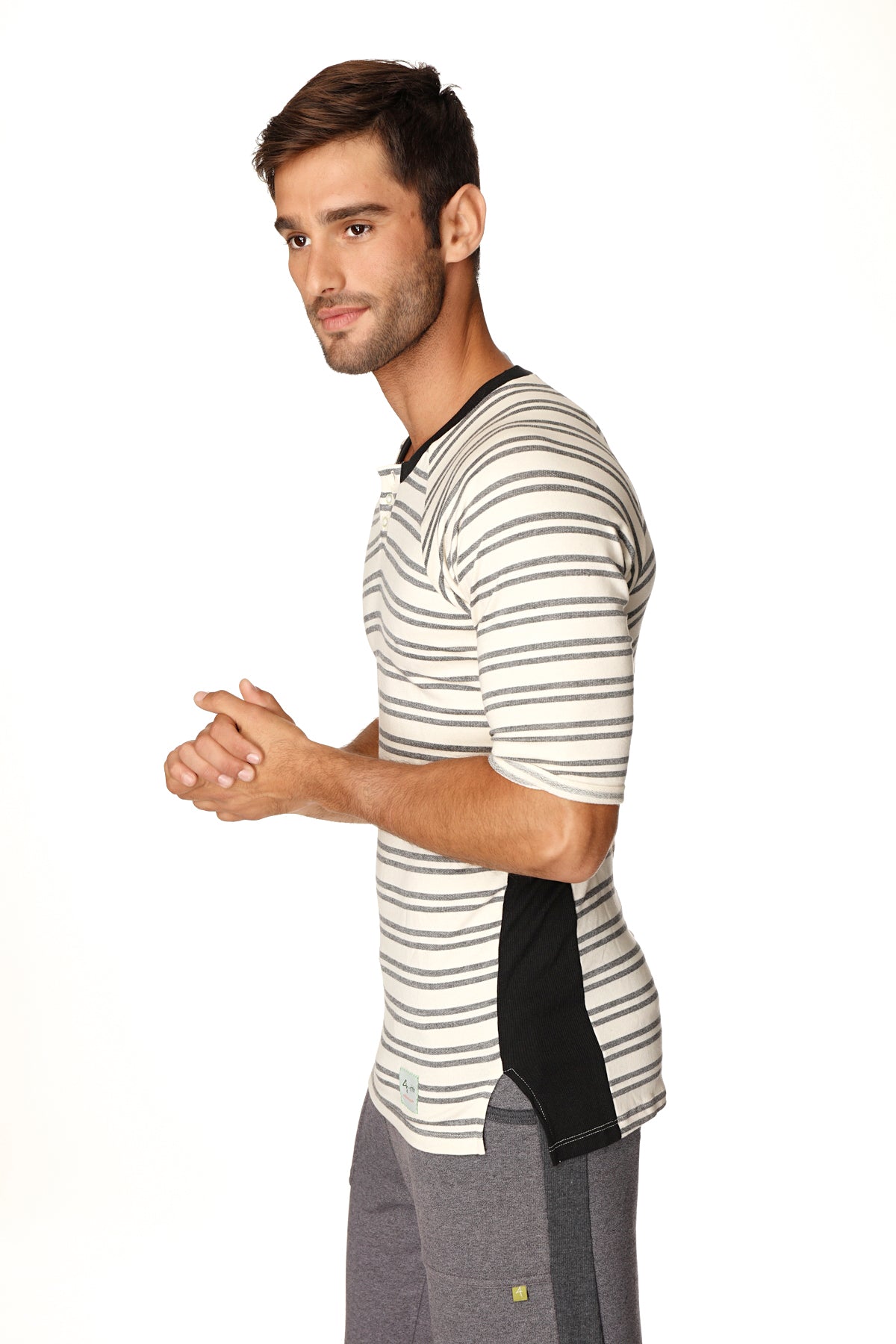 Vintage-Stripe Henley Tee – Dark Grey Double Stripe