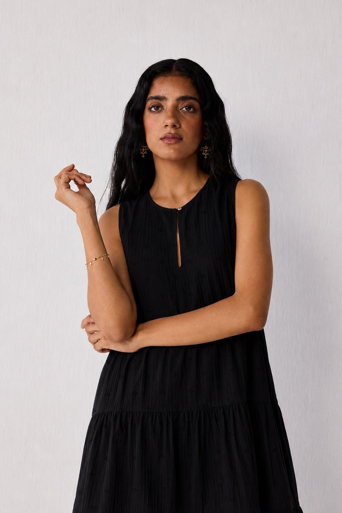 Embroidered Sleeveless Tiered Dress – Black