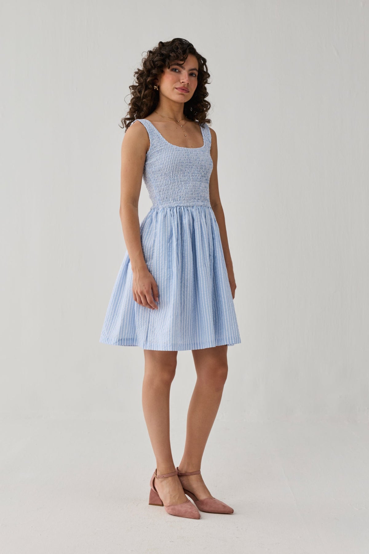 Smocked Fit & Flare Dress – Blue Stripes