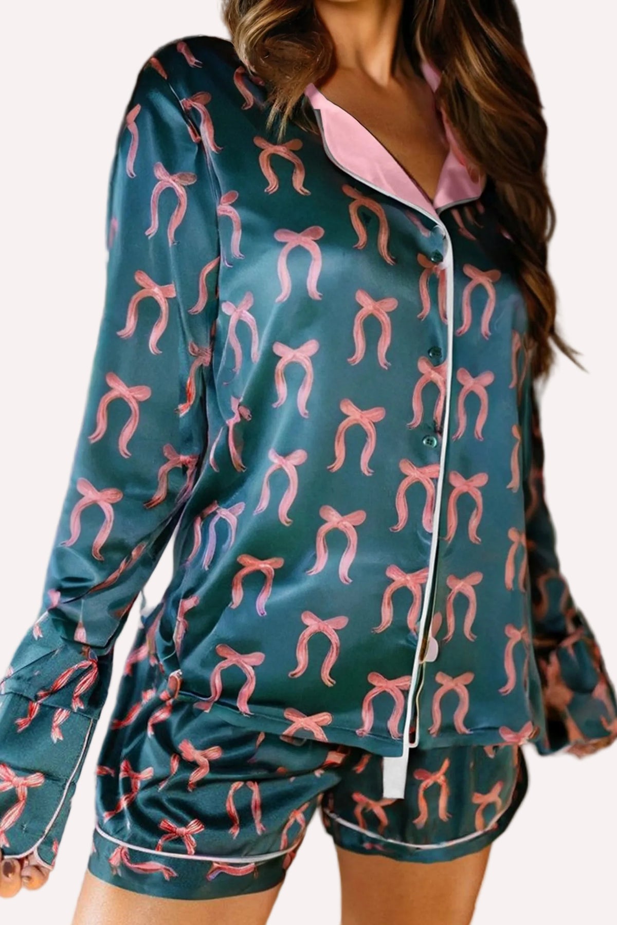 Bow Print Long Sleeve Shirt & Shorts Pajama Set – Green