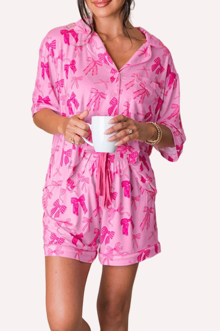 Bow Print Half Sleeve Shirt & Shorts Pajama Set – Pink