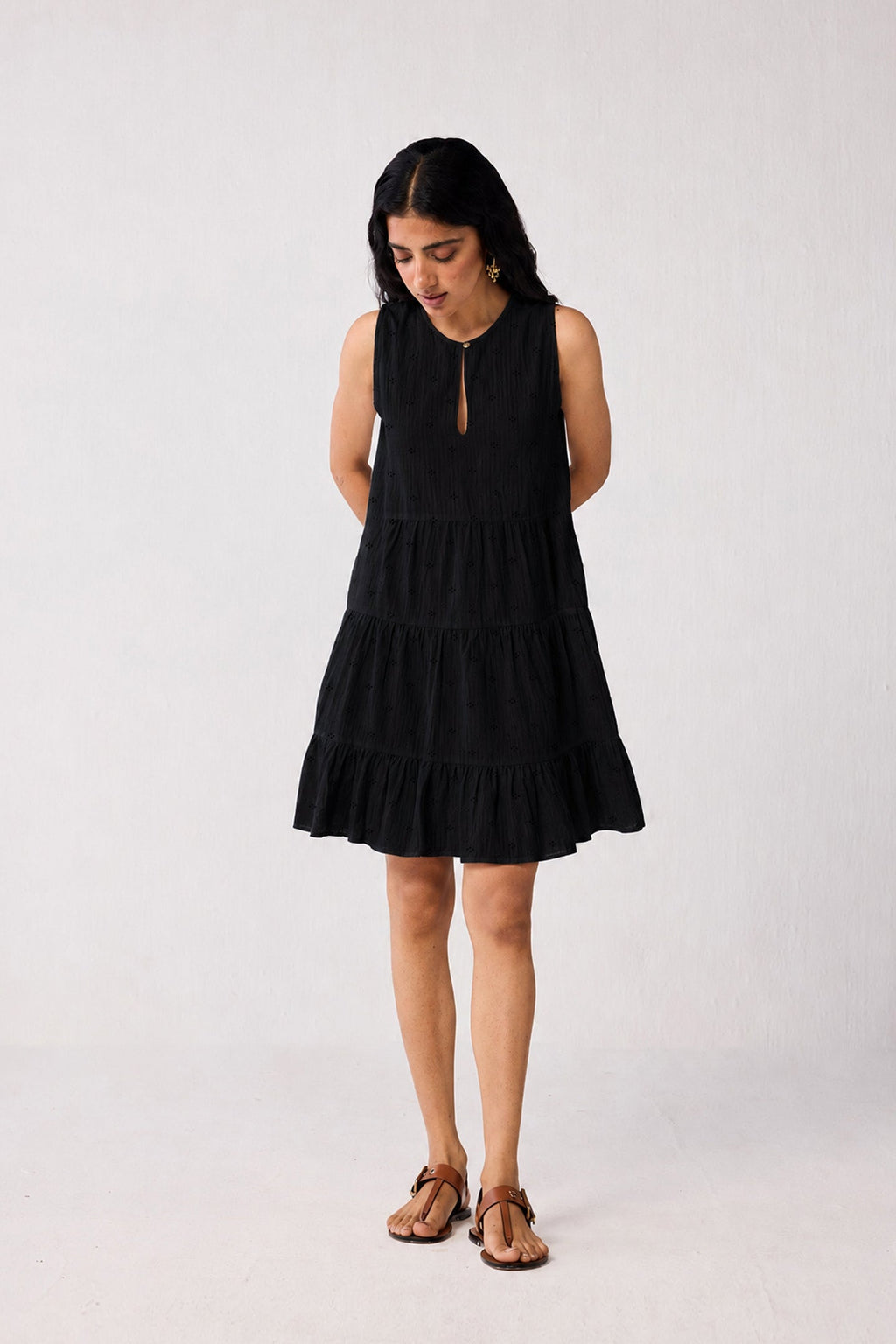 Embroidered Sleeveless Tiered Dress – Black