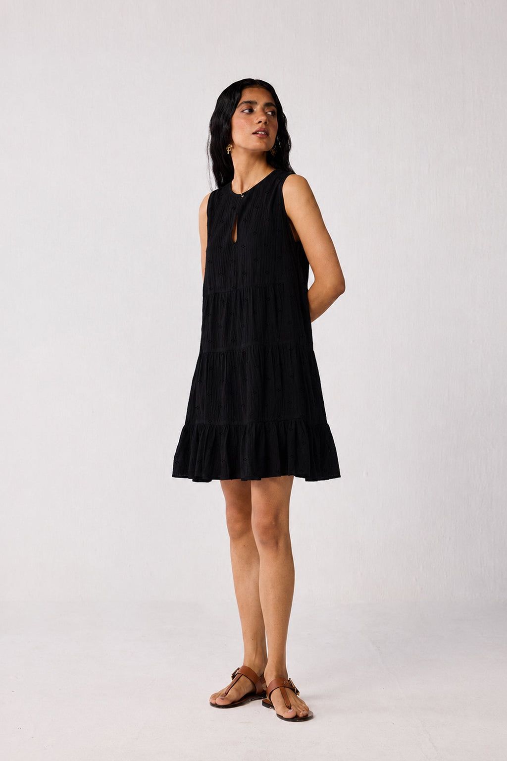 Embroidered Sleeveless Tiered Dress – Black