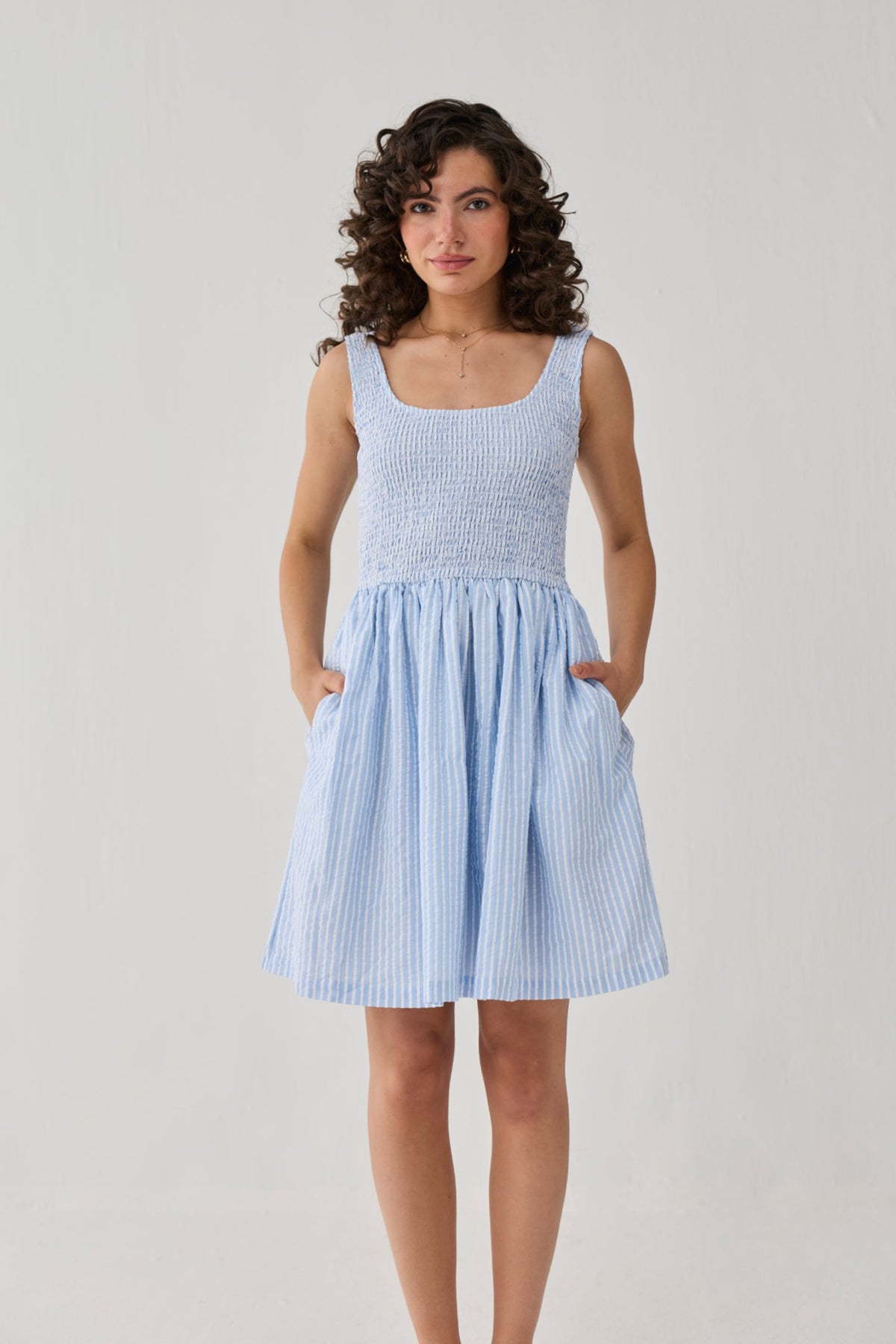 Smocked Fit & Flare Dress – Blue Stripes