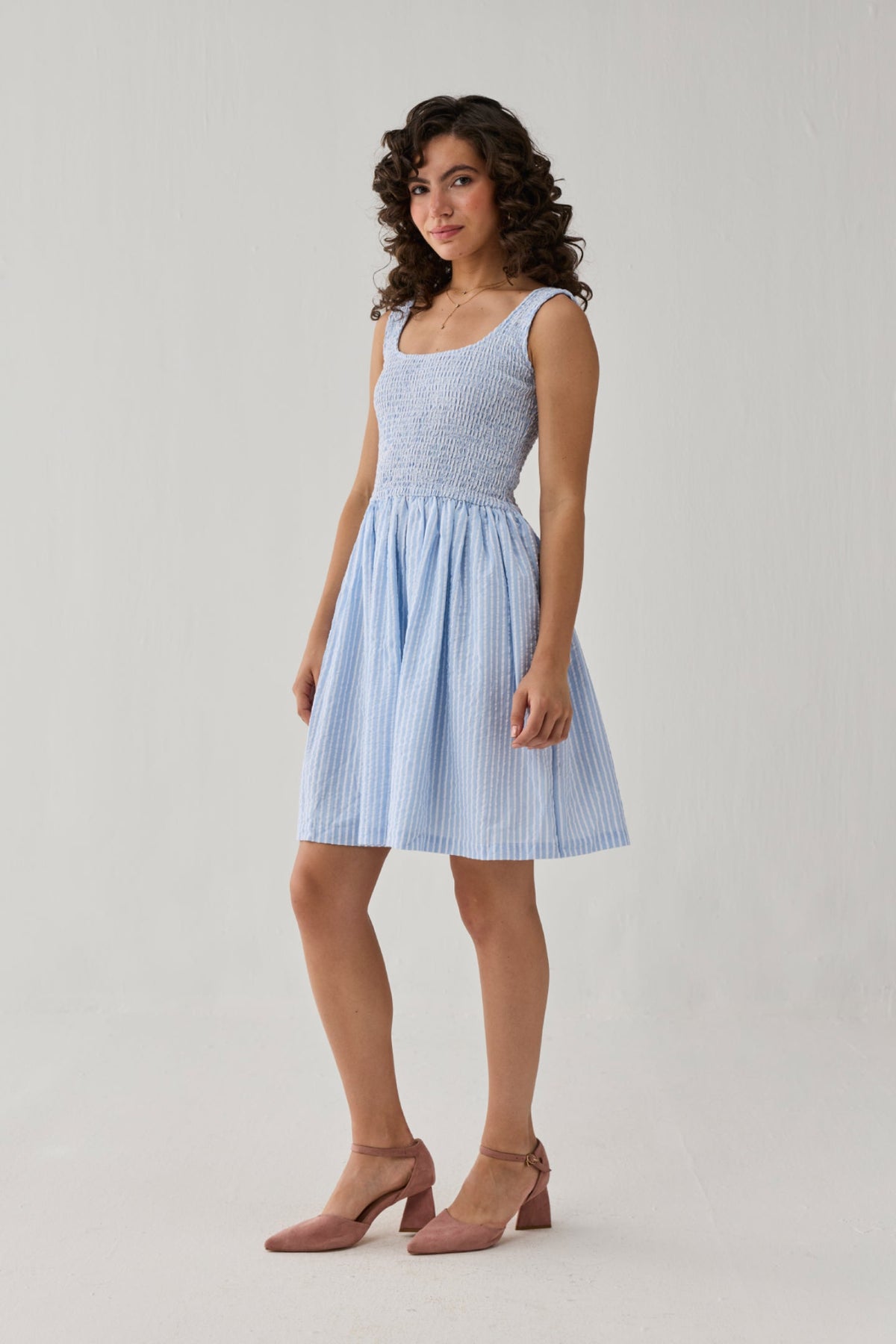 Smocked Fit & Flare Dress – Blue Stripes
