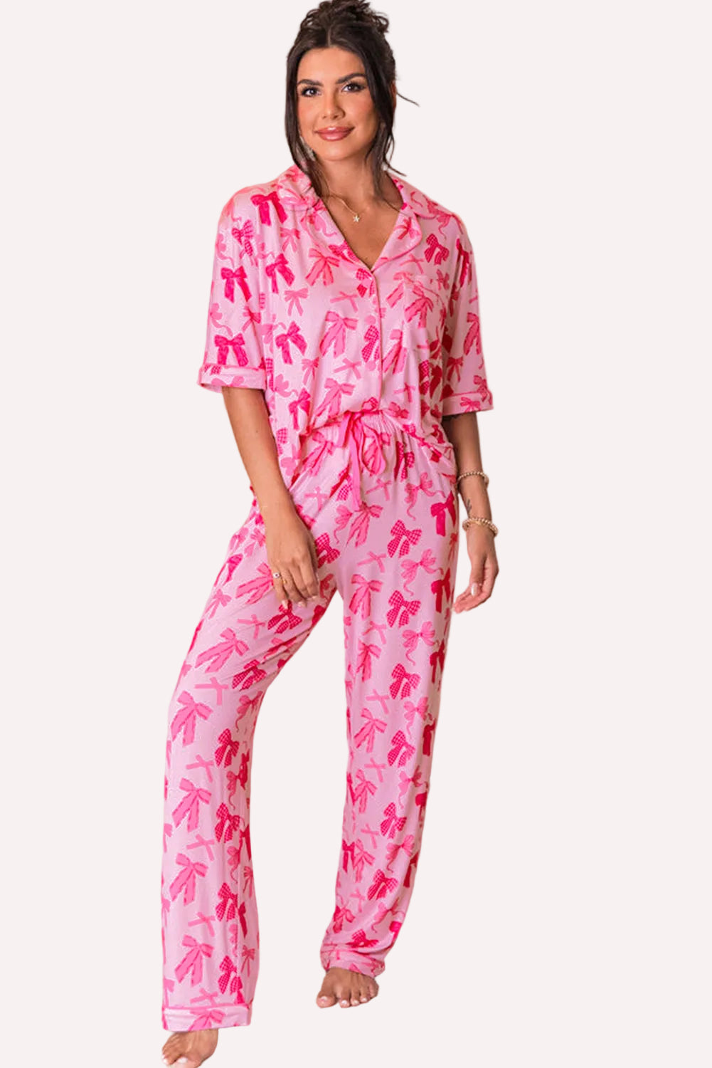 Bow Print Lapel Collar Shirt & Pants Pajama Set – Pink