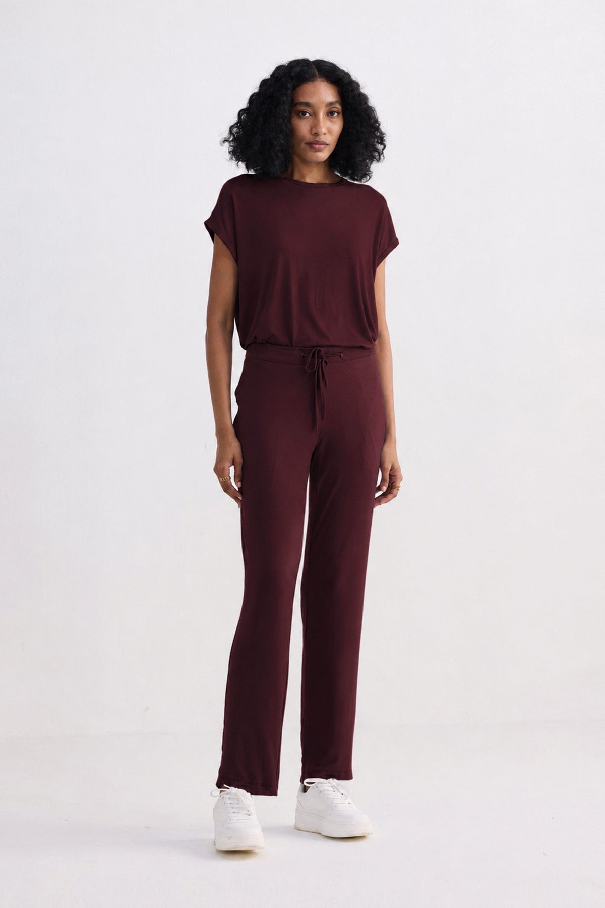 Relaxed Modal Tee & Wide-Leg Pants Set – Merlot