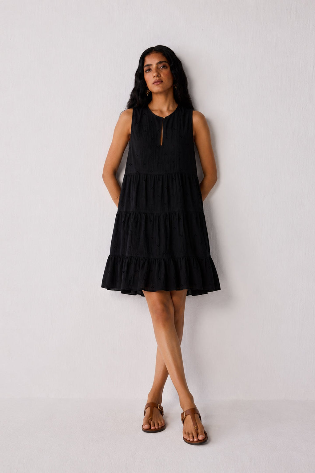 Embroidered Sleeveless Tiered Dress – Black