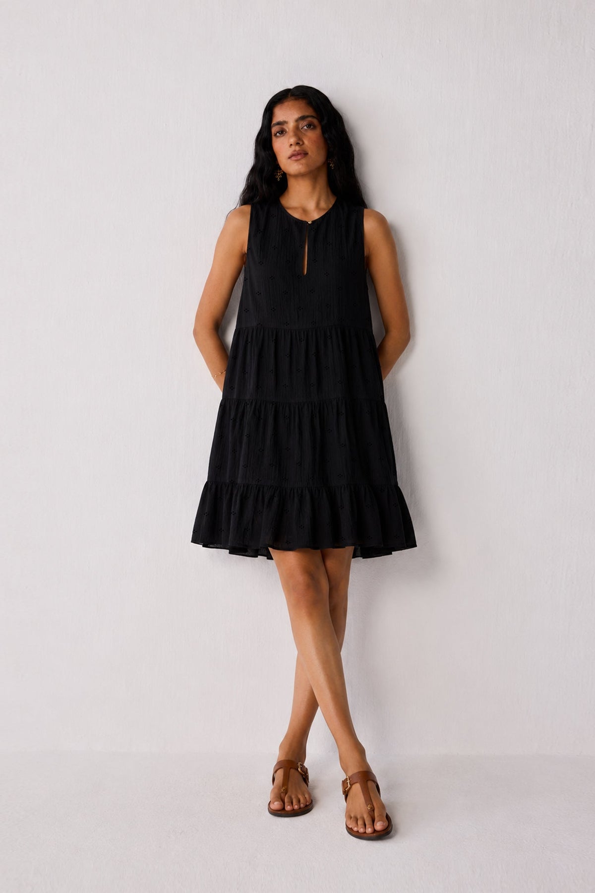 Embroidered Sleeveless Tiered Dress – Black