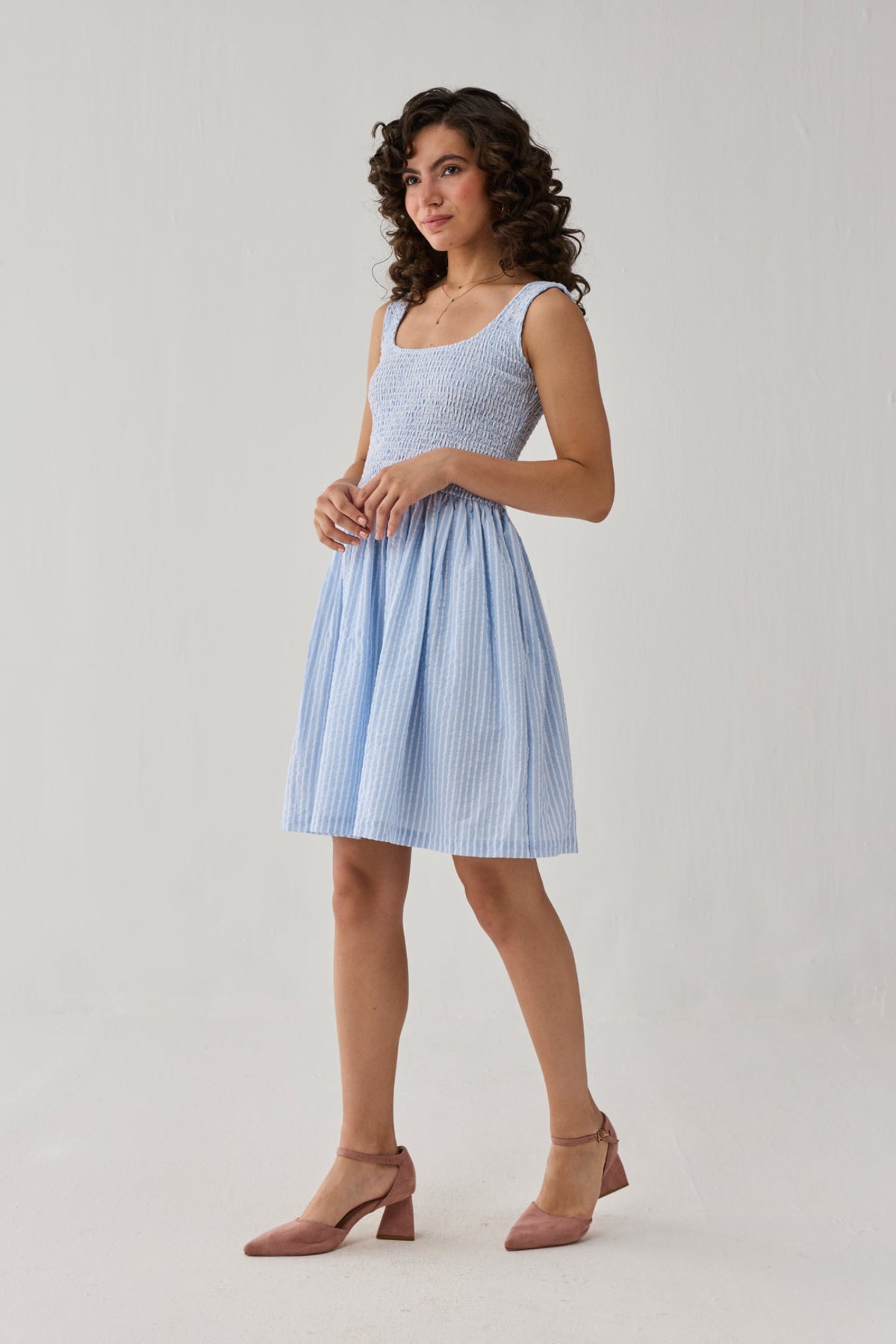 Smocked Fit & Flare Dress – Blue Stripes