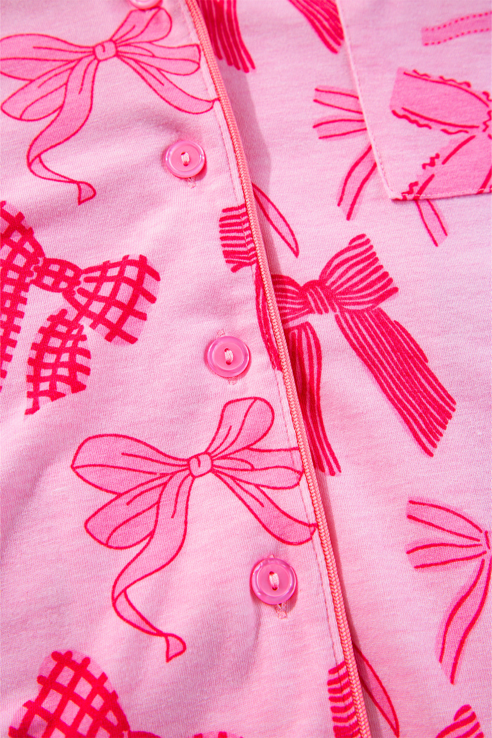 Bow Print Lapel Collar Shirt & Pants Pajama Set – Pink