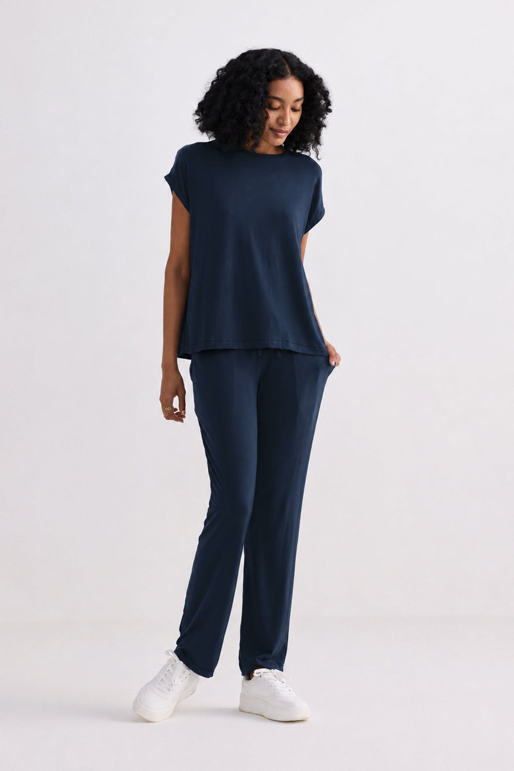 Relaxed Modal Tee & Wide-Leg Pants Set – Navy